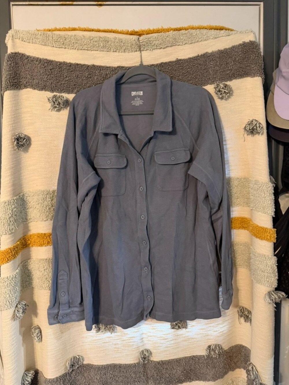 Duluth Trading Co Gray Ribbed Knit Utility Button Down Shirt L